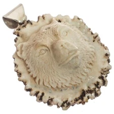 925 Silver Relief Hand Carving Grizzly Bear Deer Antler Sterling Pendant, 2"