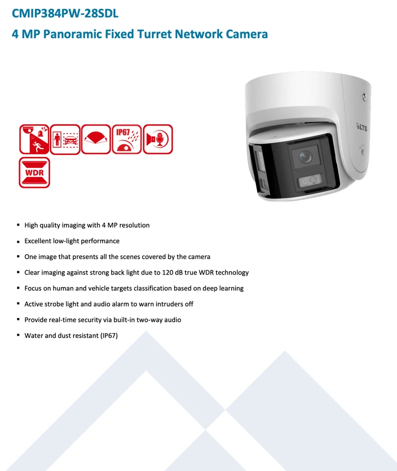 CMIP384PW-28SDL IP 4MP Panoramic 2 Way Audio Alarm Deep Learning Turret Camera - Image 2 of 4