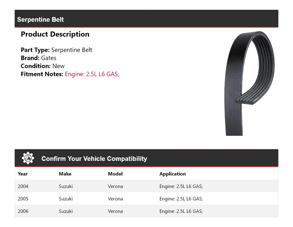 Para Suzuki Verona 2004-2006 2,5 L L6 Gas Serpentine Belt Gates 2005 Foto 2 de 4