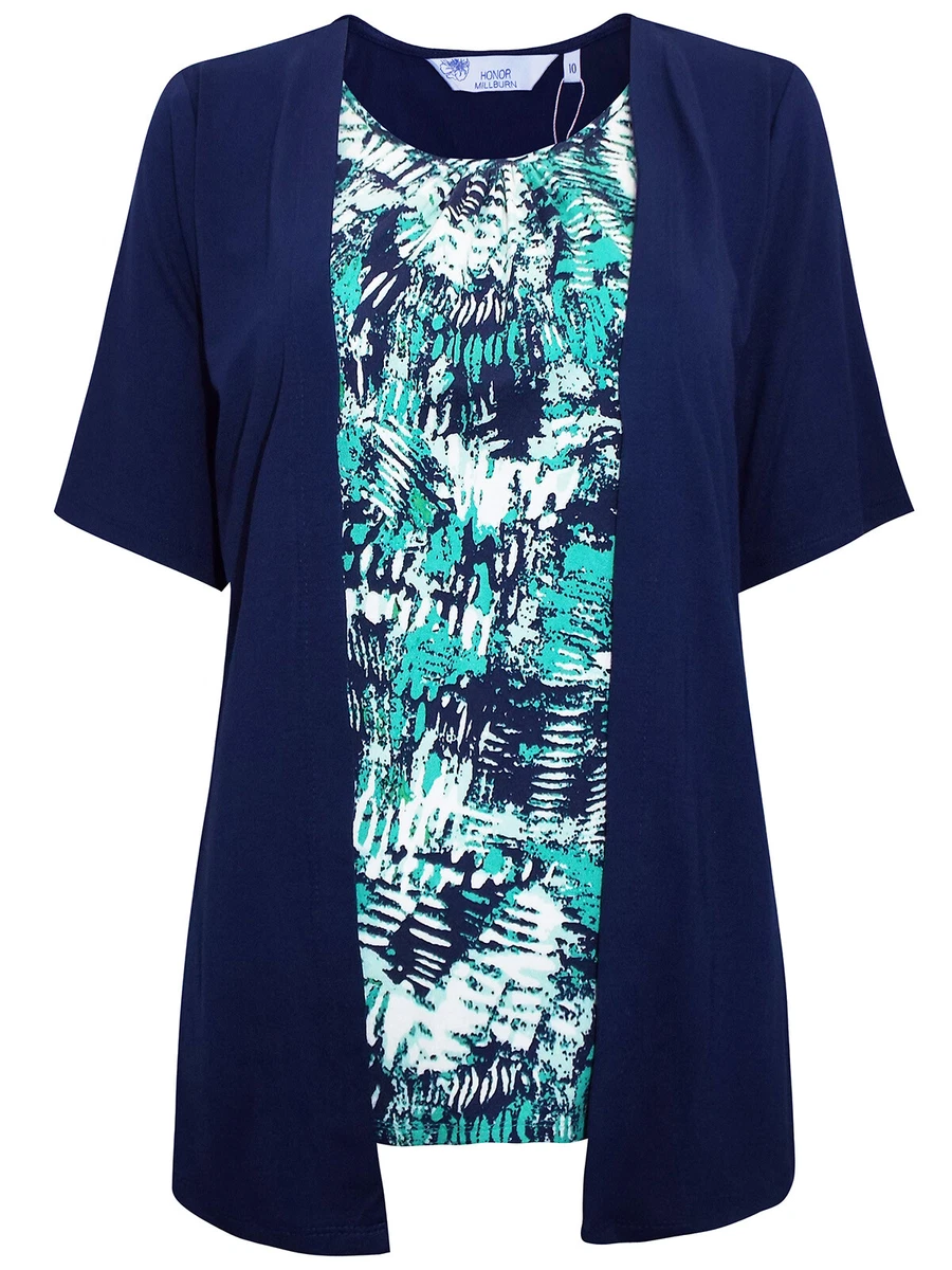 HONOR MILBURN LADIES PRINTED INSERT 2 IN 1 JERSEY TOP NAVY NEW ref 759