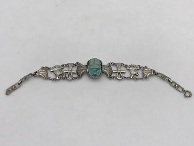 Bracelet Ancien En Argent - Scarabée Avec Insecte Réel Et Perle Turquoise