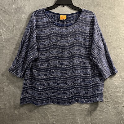 Ruby Rd. Blouse Top Woman s Plus 1X Hippie Blue Stripe 3/4 Sleeve Round Neck
