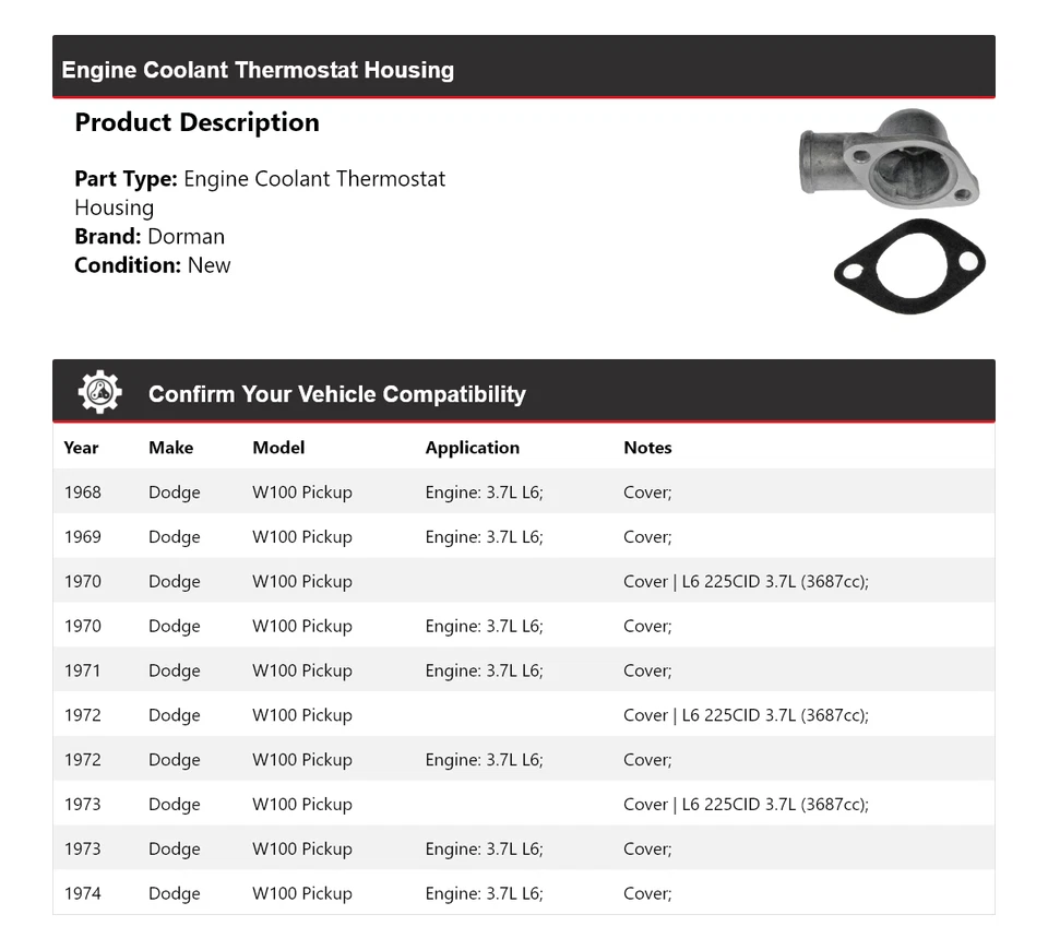 Carcasa termostato refrigerante motor Dorman camioneta Dodge W100 1968-1974 1969 Foto 2 de 4