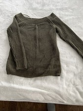 PINK REPUBLIC Junior's Off The Shoulder SWEATER Cable Knit Olive Green Small