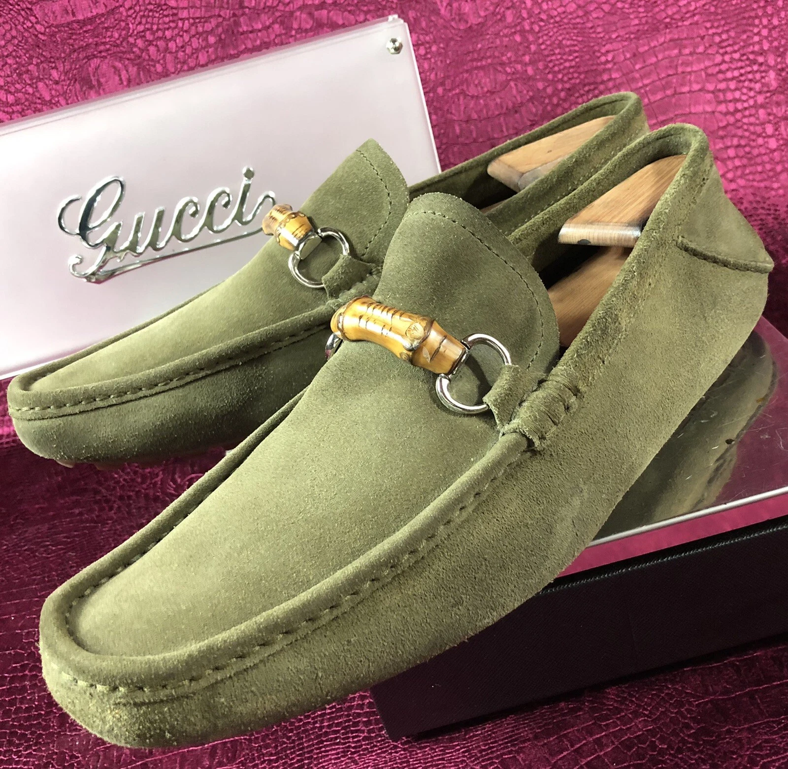 Pilotes de chaussures Gucci pour hommes en daim vert olive taille 11,5 G/12,5 D US fabriquées en ITALIE
