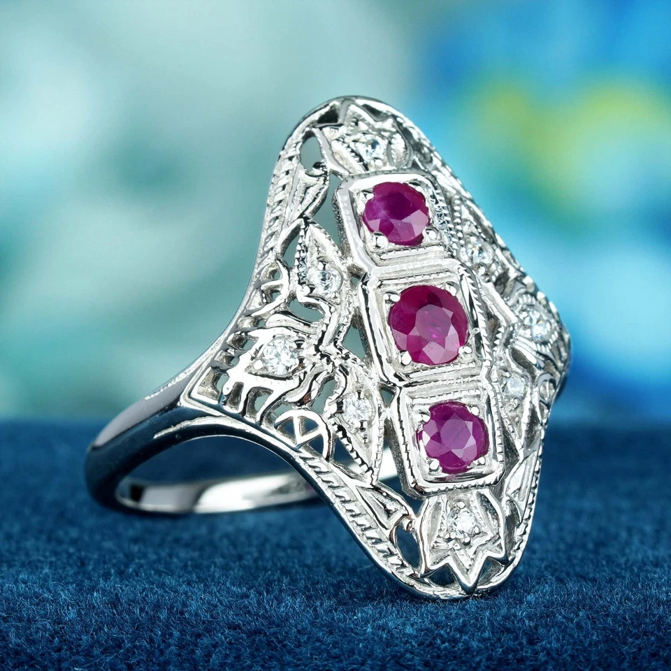 9K White Gold Natural Ruby Diamond Filigree Three Stone Ring - Image 3 of 4