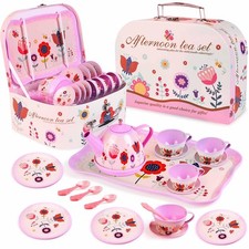 Pretend Play Tea Set for Little Girls, Gift for Age 3-8, Flower Themed, 19 PCS