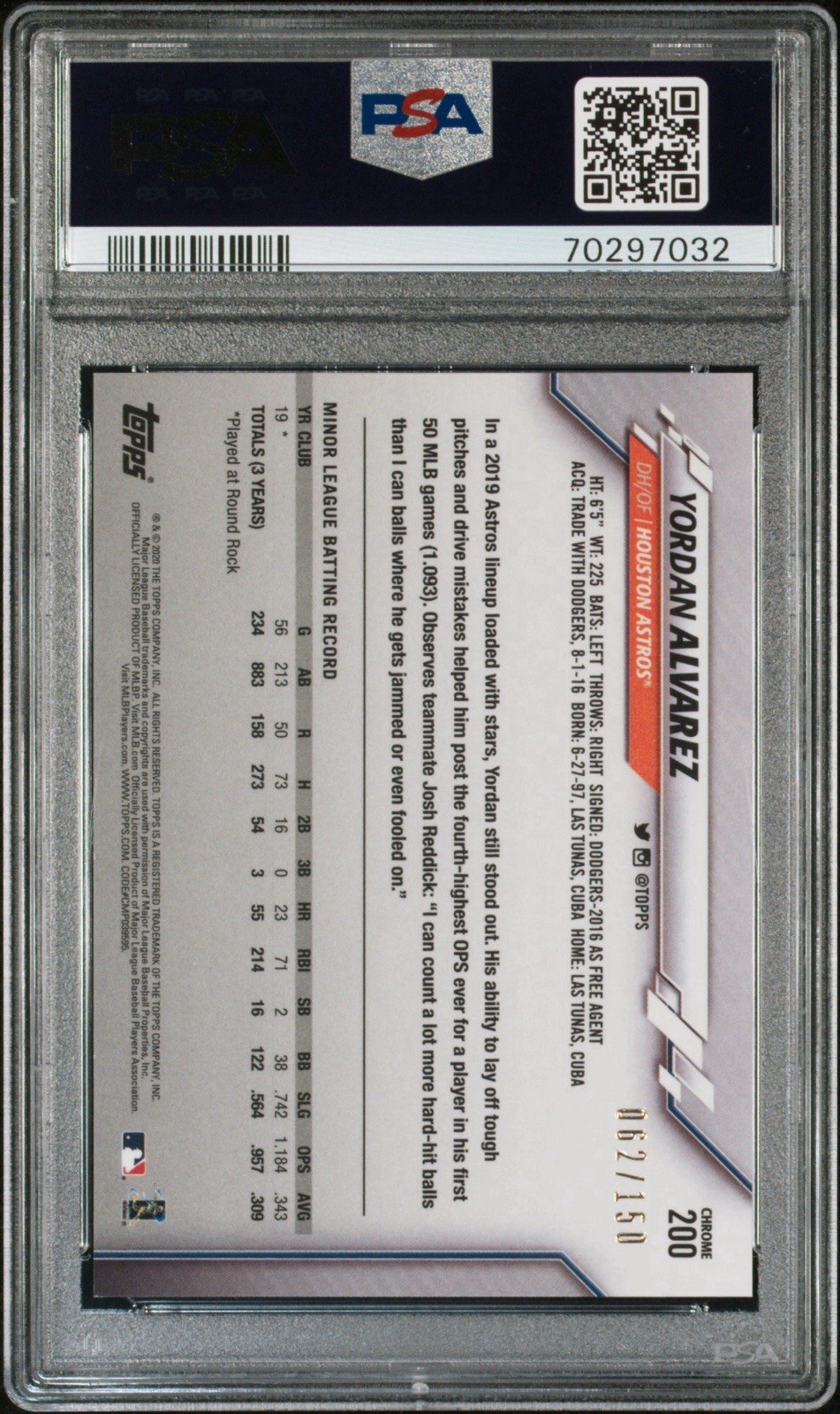 2020 Topps Chrome - Yordan Alvarez #200 Blue Refractor /150 (RC) PSA 10 view 2
