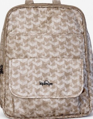 Kipling Sandra Backpack Beige Monogram Lightweight Travel City Bag Nylon