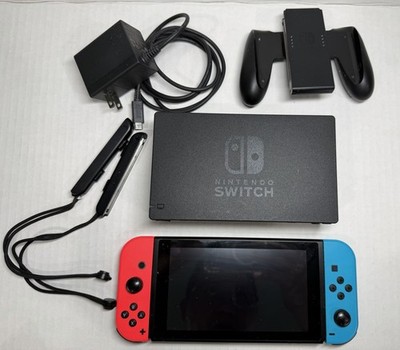 Nintendo Switch Console Neon Red Blue Bundle W/ Dock JoyCons Charger Grip Tested