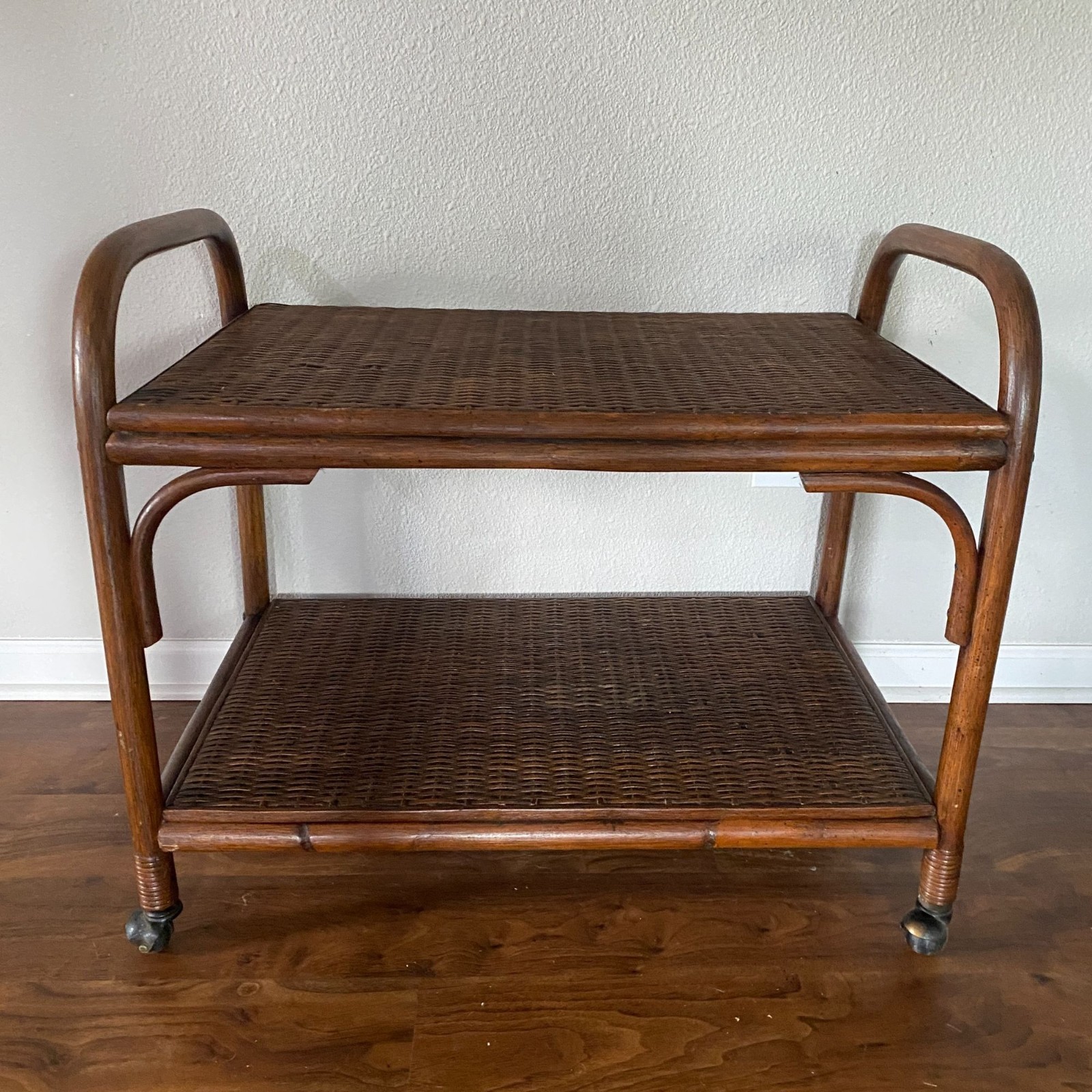 Vintage Rattan & Wicker Bar Cart With Wheels - Two-Tier Mid-