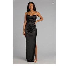 Windsor Black Satin Cowl Neck Maxi Dress Side Slit Formal Evening Gown Women's M