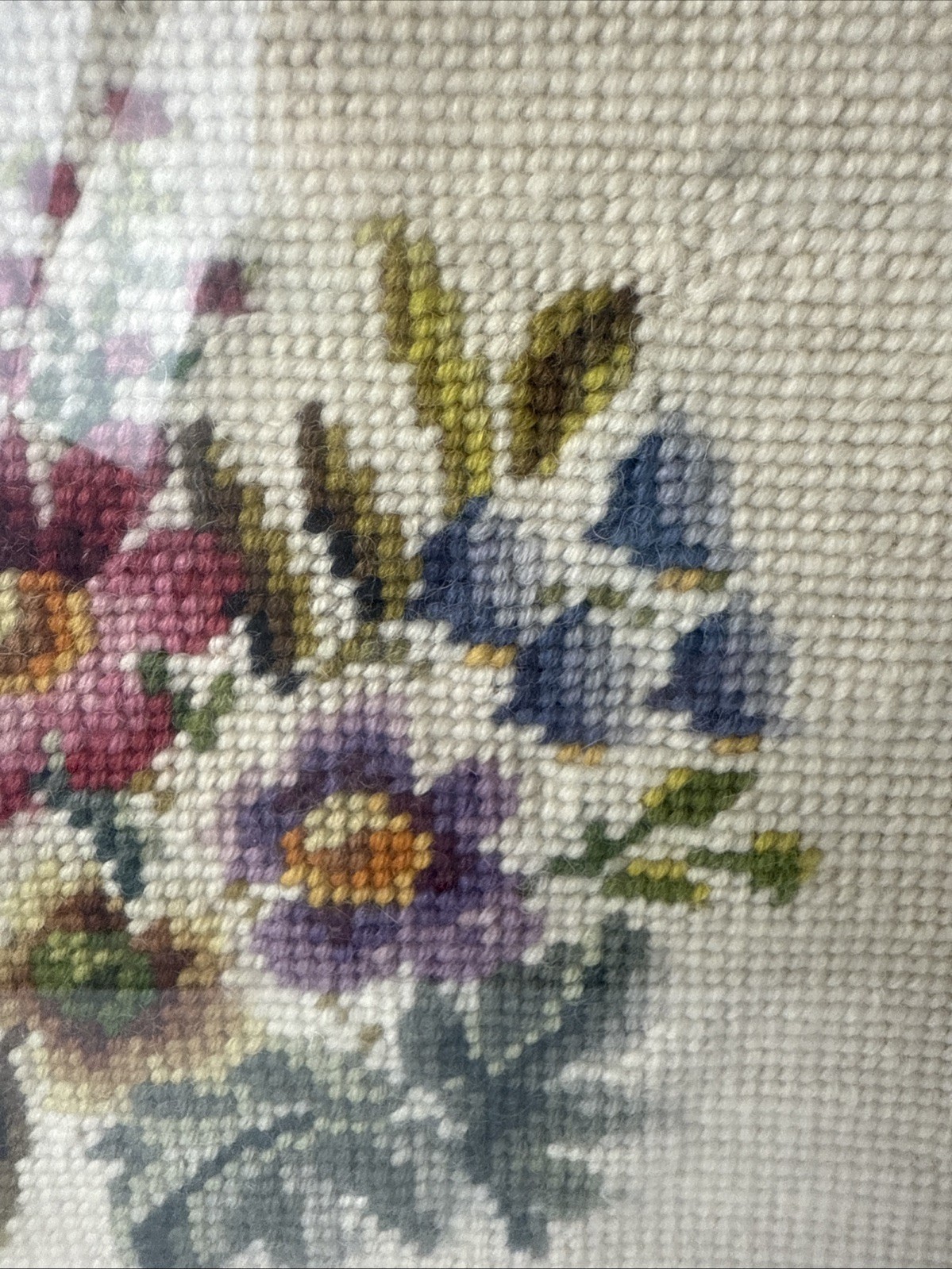 Vintage Floral Needlepoint Art Framed Bouquet Embroidery Flowers 18"x16"