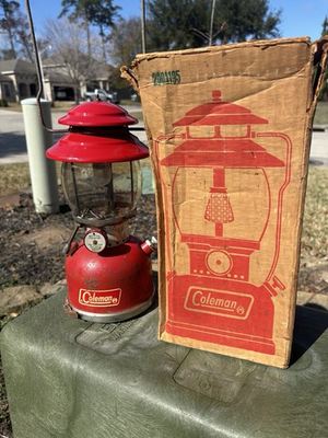 #ad Red 1971 Coleman 200A Lantern w Pyrex Globe Box Vintage January Tested Read $84.99