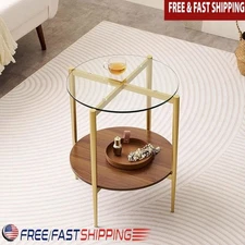 Mid Century Round Glass End Table Dual Tier Sturdy MDF Legs Stylish Design New