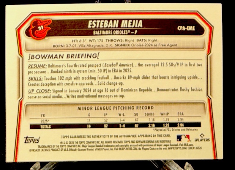 ESTEBAN MEJIA 2026 BOWMAN CHROME BLACK WHITE RED INK AUTO-ORIOLES view 2