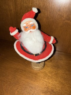 Vintage MCM Flocked Japan Dancing Happy Santa Claus Figure on Wood Base 7 1/2 “