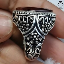 Vintage Red Blood Yemeni Aqeeq Ring 925 Silver Handmade Islamic Agate Jewelry