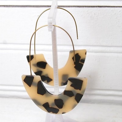Tortoise Shell Drop Earrings Handmade Resin Dangle Half-Moon Circle Hoops