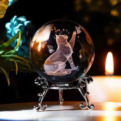60mm 3D Cat Crystal Ball Paperweight With Stand For Home Whimsical Decor