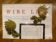 Menu lista vini McHenry's Tail Of The Cock Restraunt firmato e datato 5 marzo 1959