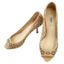 Prada Pumps Open Toe Cutwork Punching Enamel Beige Women's Size EU35/US5