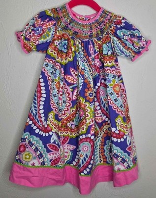Claire And Charlie Hand Smocked Dress Girls Size 2 Pink Purple Paisley Floral 