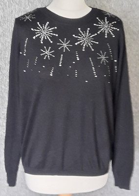M&S Damen Pullover schwarz Perlen Schneeflockenmuster Rundhals Langarm Größe L