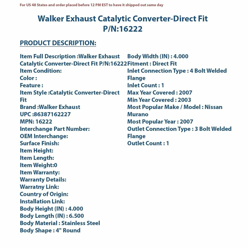 Convertidor catalítico de escape Walker - ajuste directo 16222 Foto 4 de 4