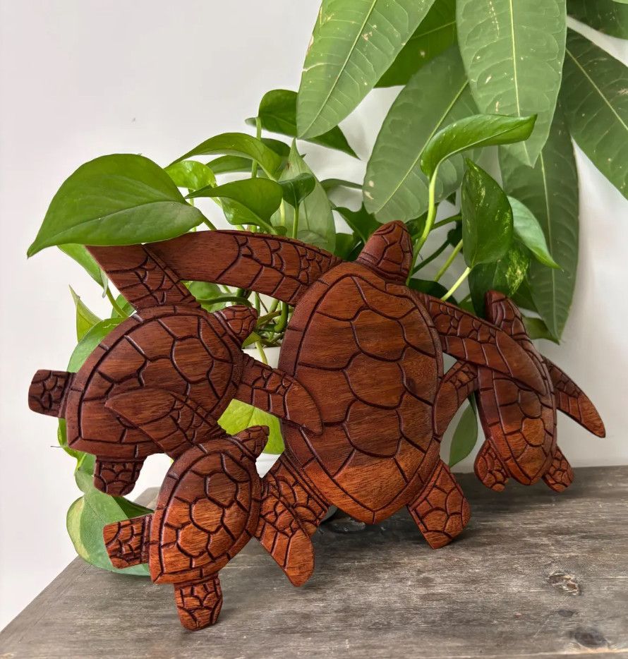 Hawaiian Hand Made Wall Hanging Decor Wood Carving Sign Turtle Honu Family
