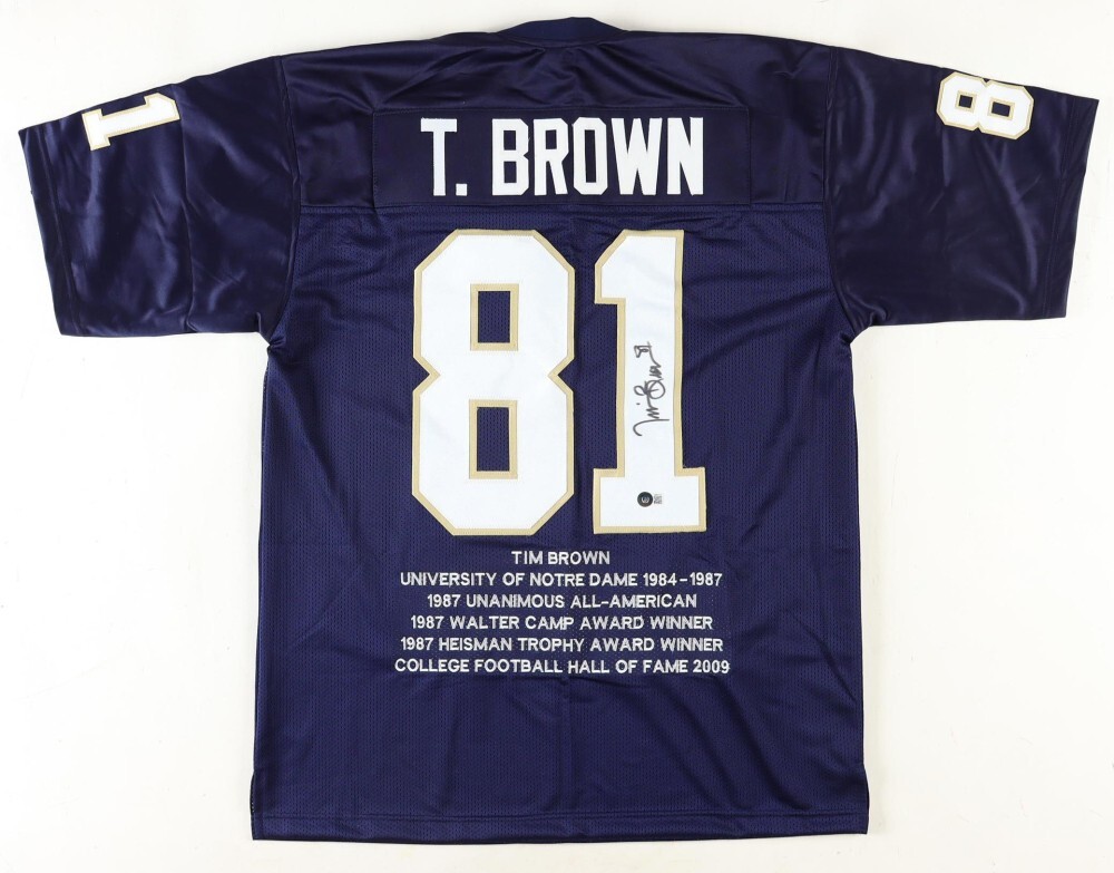 Tim Brown Autographed Signed Notre Dame Fighting Irish Career Stat Jersey (BECKETT) Raiders 