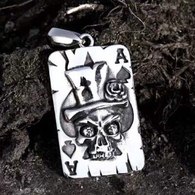 Mens Stainless Steel Skull Poker Pendant Necklace Gothic Punk
