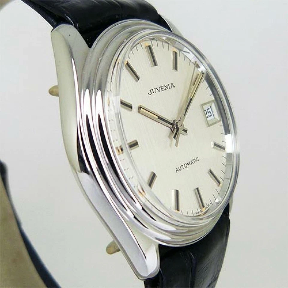 Reloj JUVENIA 9062R Automático Fecha Antiguo Esfera Plateada 34.5mm Para Hombre SS Revisado Foto 2 de 4