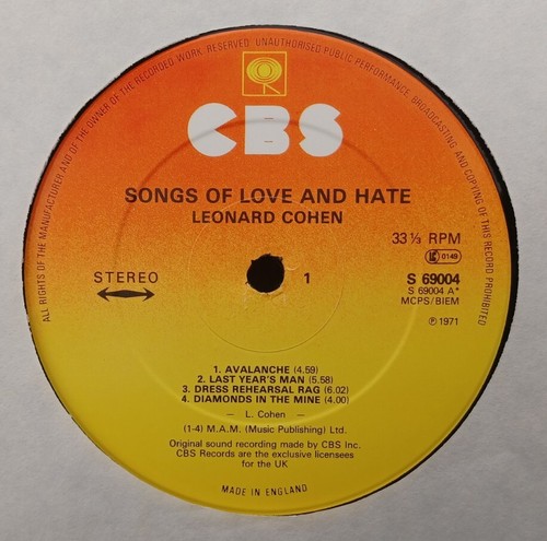 LEONARD COHEN " SONGS OF LOVE & HATE " SUPERB UK 70'S PRESSING - Picture 3 of 10
