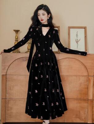 Women's velvet Floral A line Dress Long Sleeve party Ball banquet Dress  Autumn | eBay