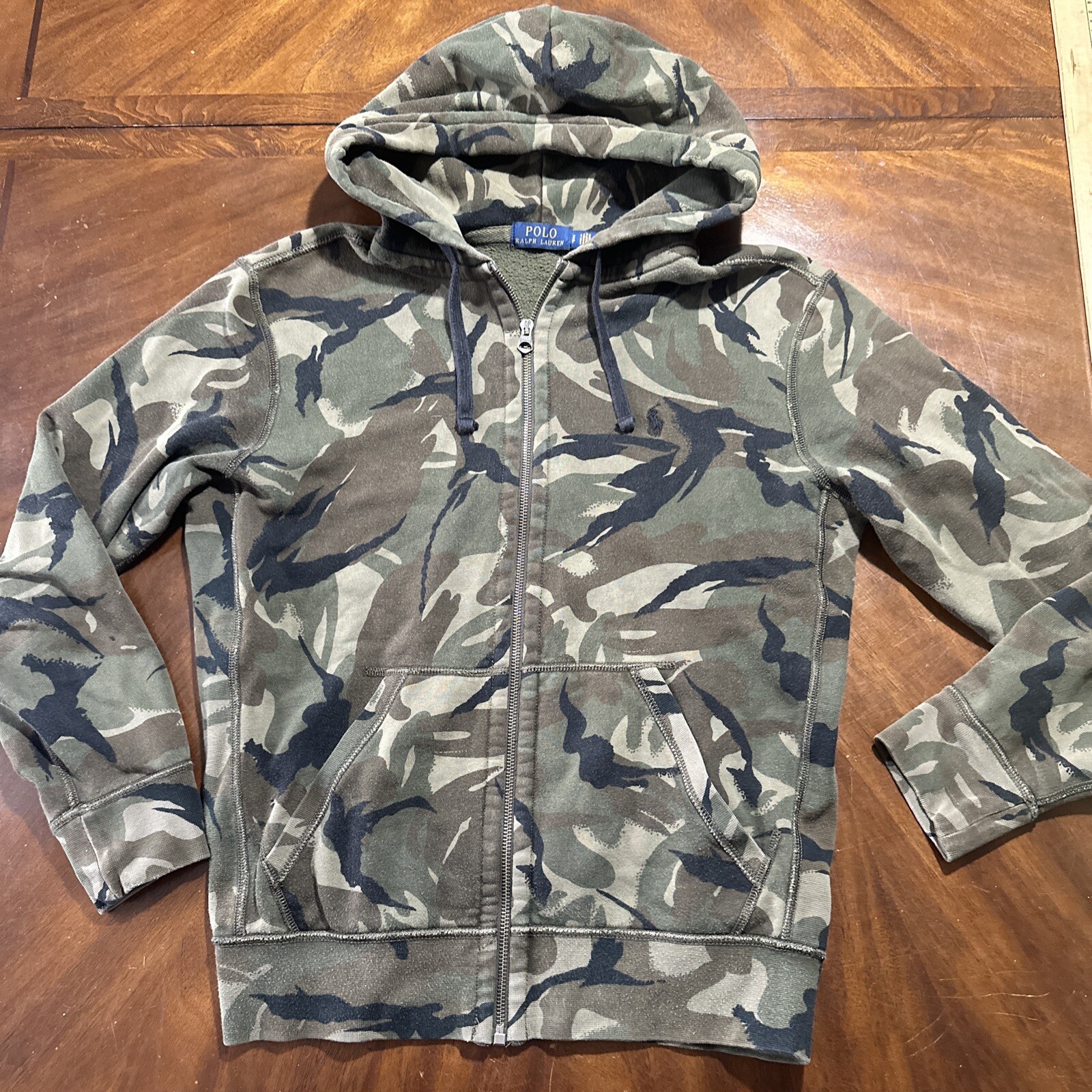 Polo Ralph Lauren felpa con cappuccio uomo piccola verde pile mimetico caccia full zip pony