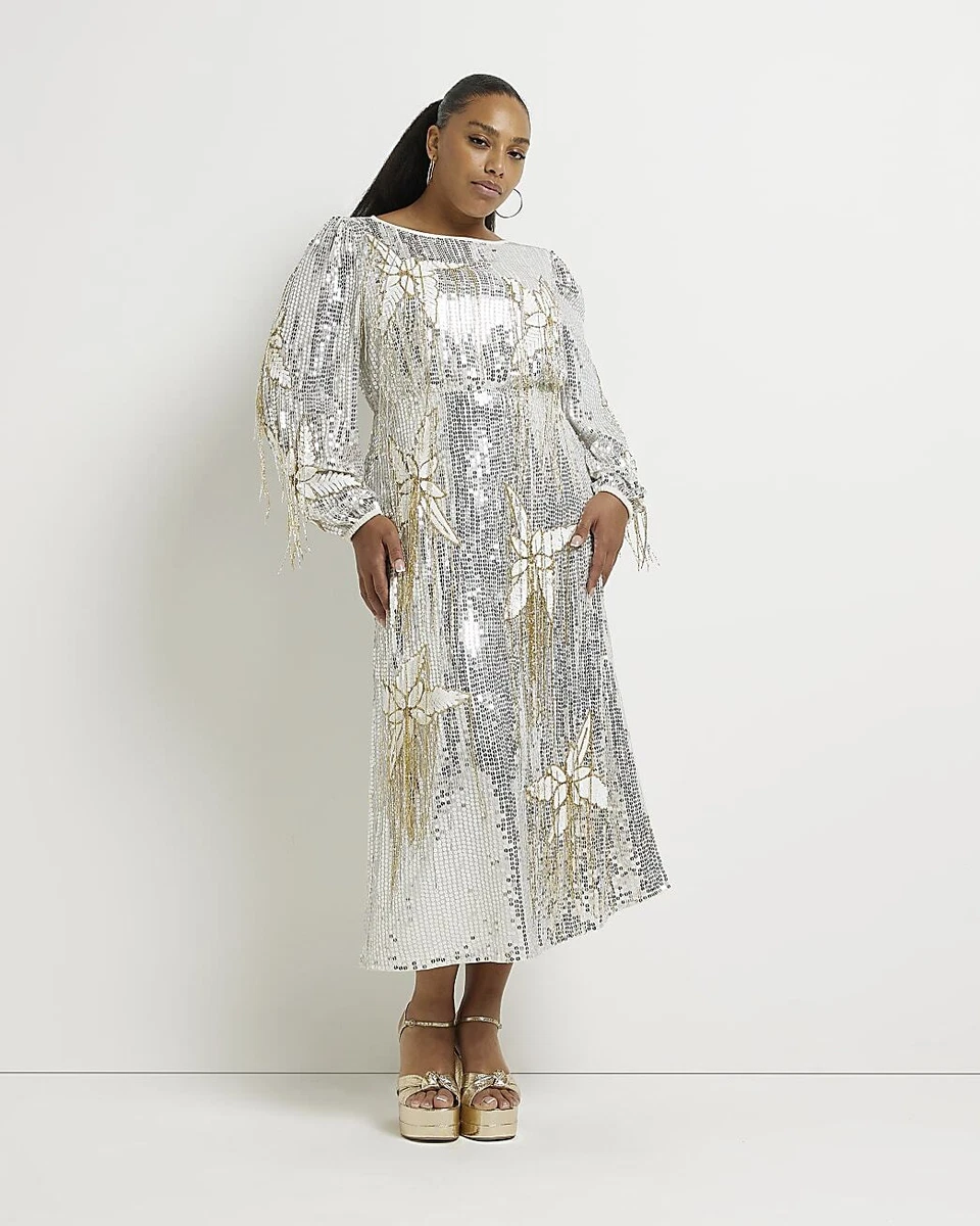 River Island Womens Silver Smock dress Sequin Dress Size 18