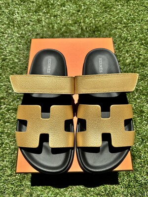 HERMES H CHYPRE DORE GOLD GOLDEN GOATSKIN LEATHER METALLIC SANDAL FLAT SLIDES 37