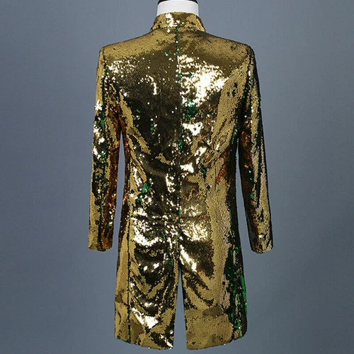 Men Reversible Two Tone Sequin Longline Jacket Suit Blazer Cabaret Carnival Tops - Picture 8 of 21