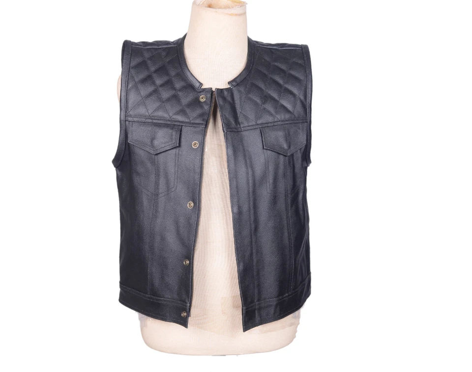 Men Classic Black Motorcycle Biker Style Genuine Real Leather waistcoat Vest - Image 4 of 4