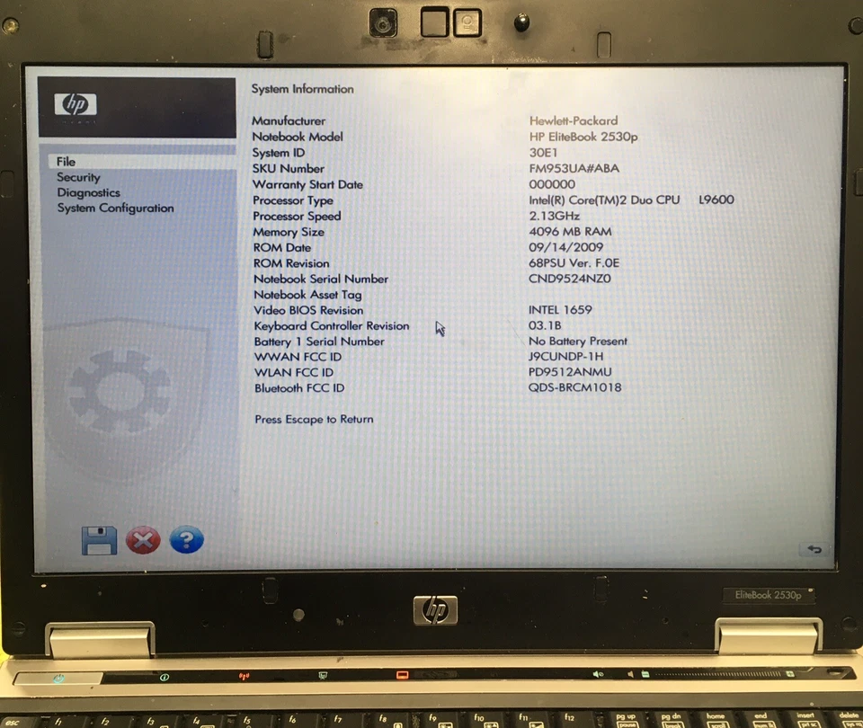 Hp Elitebook 2530p 12.1" Laptop Core 2 Duo L9600 4GB RAM 120GB Booots/Bios H2999 - Image 2 of 4