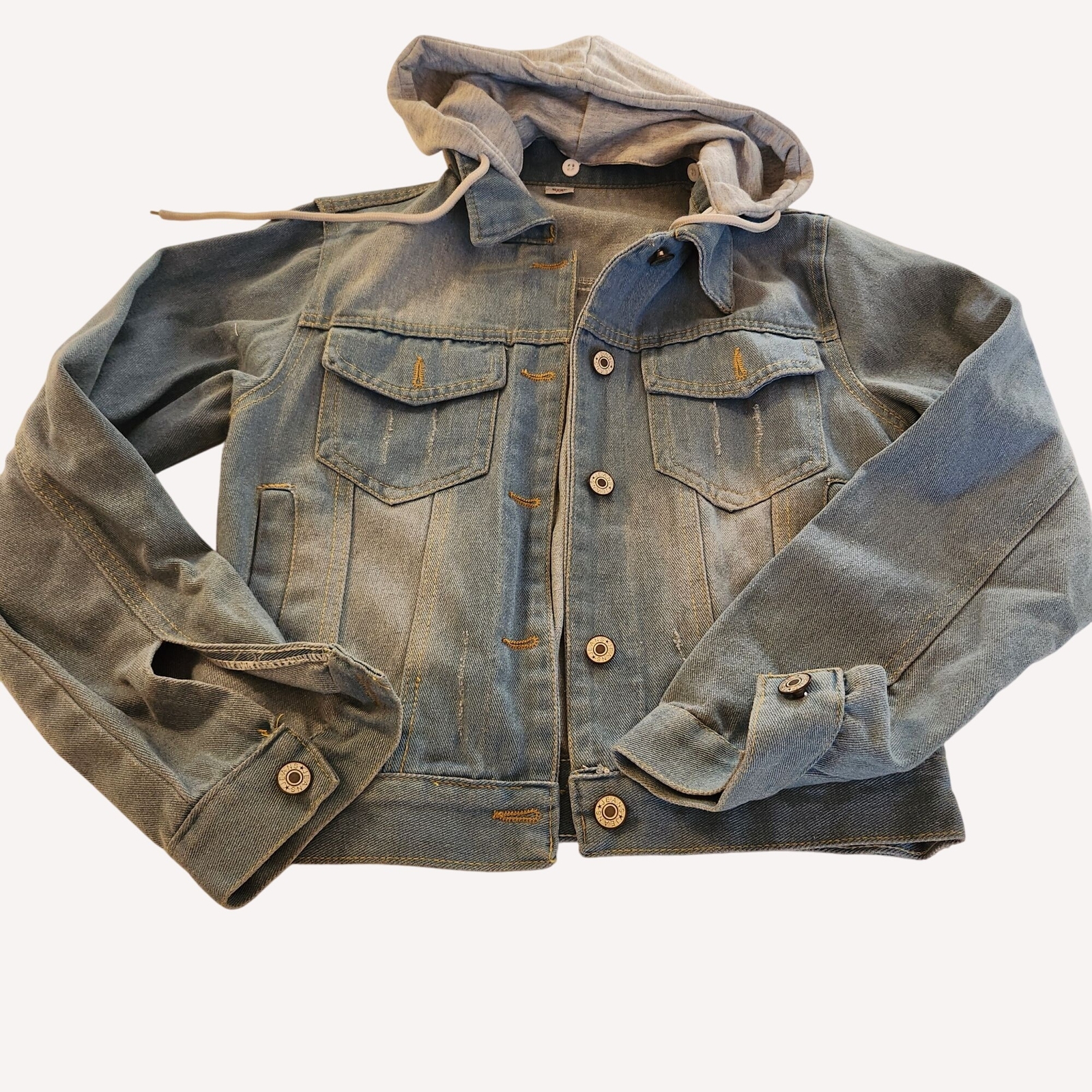 Denim Jacket Hood unisex KY Fashion Sz M cowboy retro trucker fleece distressed-image