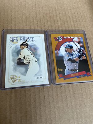 ICHIRO 2002 Topps Rookie Year #718 & 2020 Allen Ginter Debut #DTR-30 Mariners (x