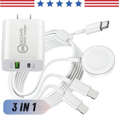 20W Fast Wall Charger 3 IN 1 Magnetic Cable For iWatch 8/7/6/SE/5/4 iPhone 5~14 