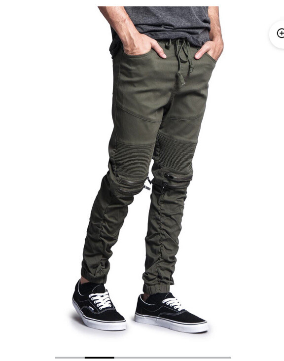Victorious Men's Biker Moto Twill Olive Green Double Zipper