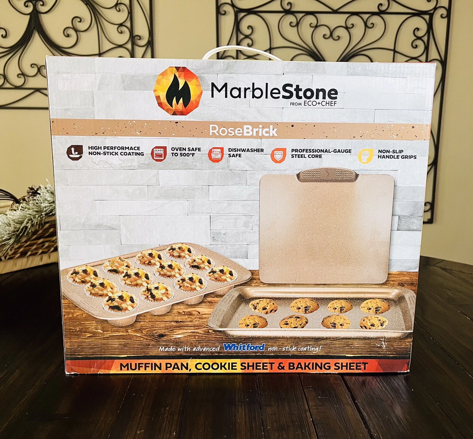 NEW MARBLESTONE 3 PC MUFFIN PAN COOKIE & BAKING SHEET CERAMIC NON-STICK Open Box