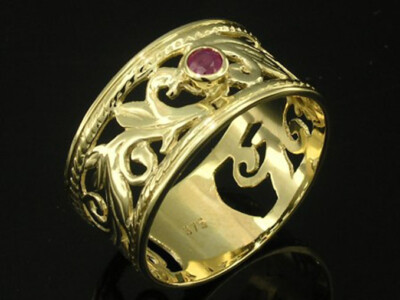 R001 Genuine 9K Yellow/Rose/White Gold Real Ruby Filigree Wide Foliage Band Ring