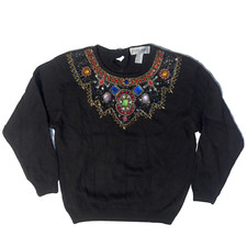 Vintage Victoria Harbour Sequin Beaded Black Knit Sweater Sz M Bling Gemstone