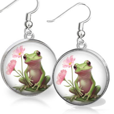 Whimsical Frog Earrings Boho Floral Watercolor Art Print Silver