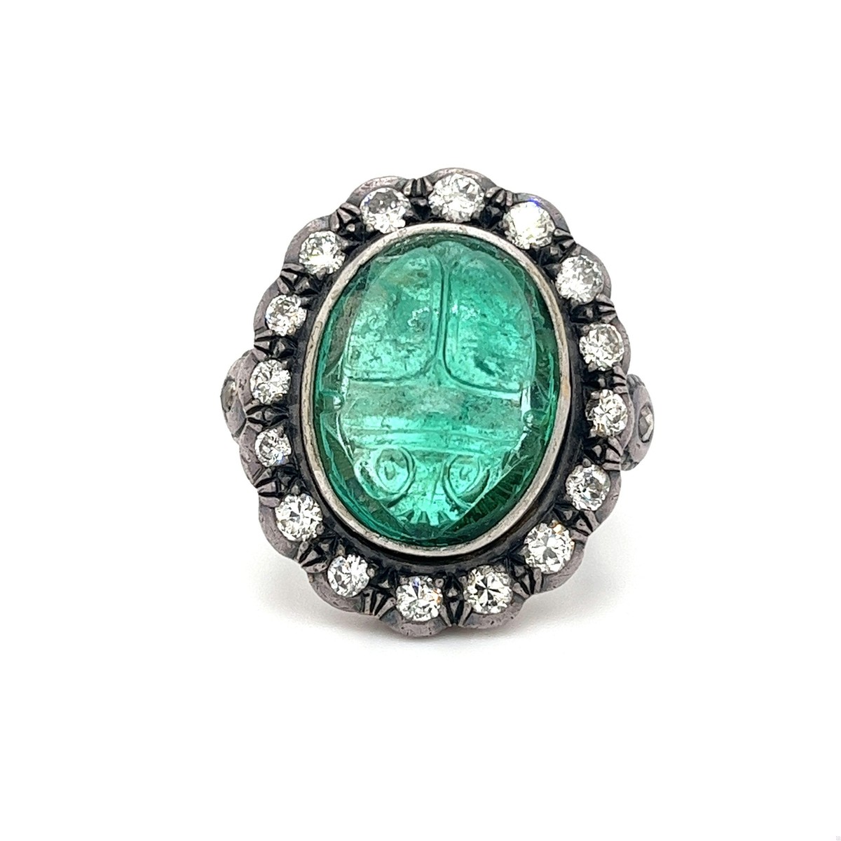 Victorian Era 15 Carat Carved Emerald Beetle Antique Ring with Diamond Halo  in